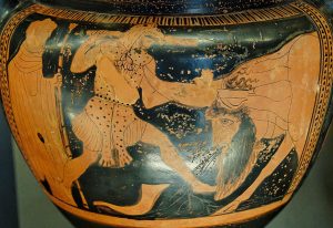 Herakles fighting the river-god Achelous for Deianeira
