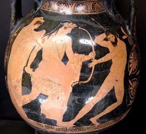 Apollo piercing with his arrows Tityos, who has tried to rape his mother Leto (standing behind Apollo)