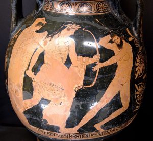 Léto derrière Apollon perçant de ses flèches Tityos qui essayait de la violer.