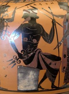 Zeus in ancient Greek pottery holding lightning given by the Cyclops