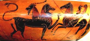 Bellerophon riding the winged horse Pegasus to kill the Chimera