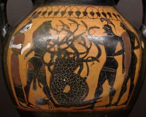 Heracles fighting the Lernaean Hydra with the help of Iolaus