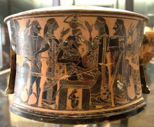 Hephaestus attending with the other gods the birth of Athena. Hephaestus is represented in the extreme left holding the axis - Louvre Museum