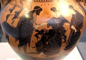 Peleus wrestling Thetis (who shapeshifts in fire and big cat), between Chiron and a Nereid. 